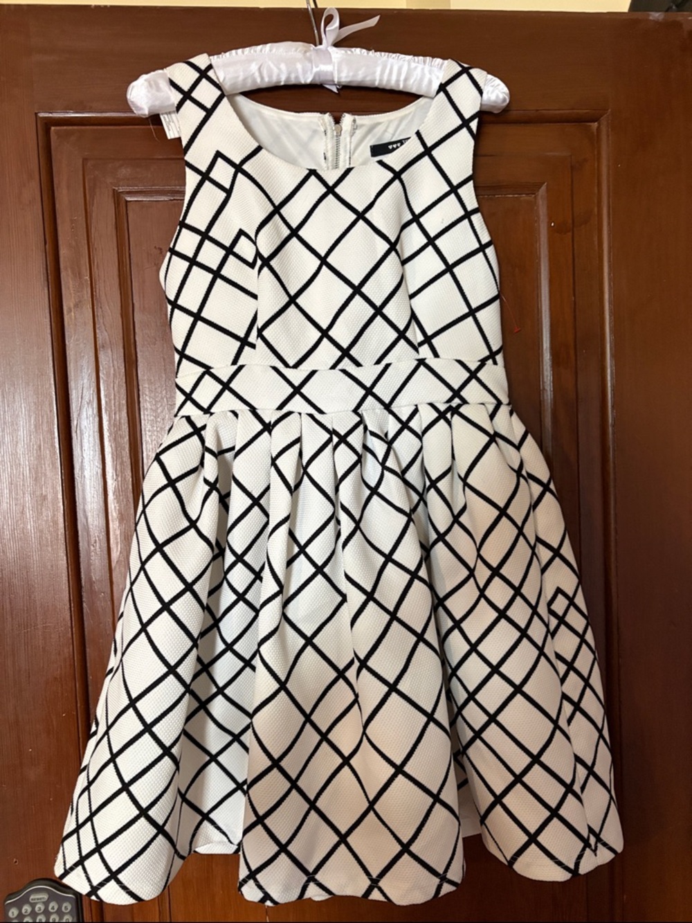 White and Black Grid Fit-and-Flare Dress